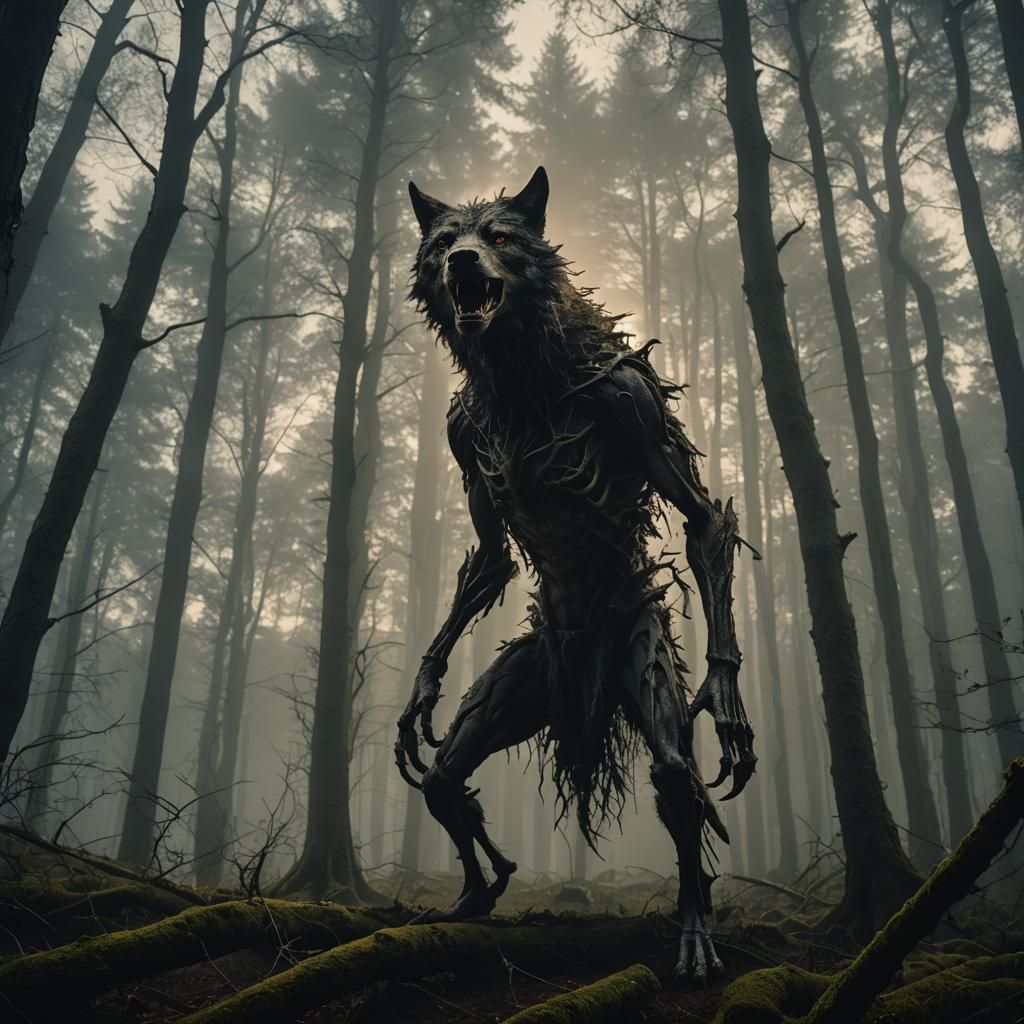 Wolf-Human Hybrid in Misty Forest, Gothic Horror Style