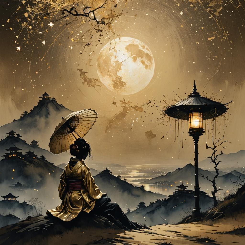 Geisha Silhouette Under Lantern in Galaxy Sky