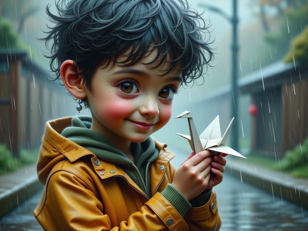 Boy with Paper Crane in Rain, Digital Art