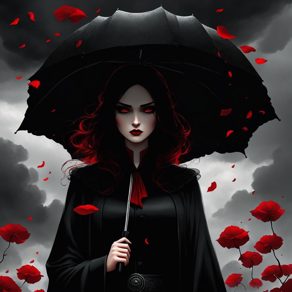 Moody Girl Mourns Under Storm Cloud of Rose Petals