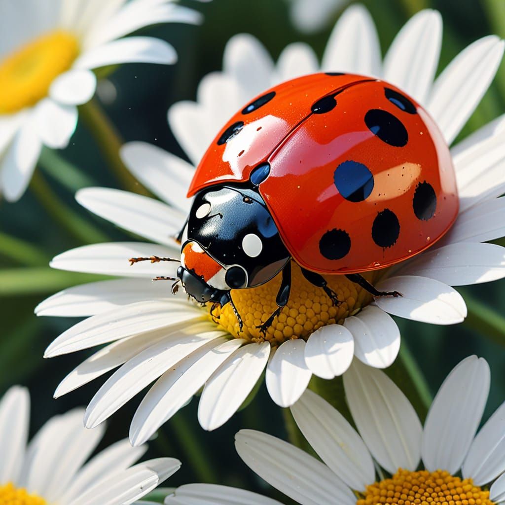 Cubist Ladybug on Daisy in Geometric Fauvism