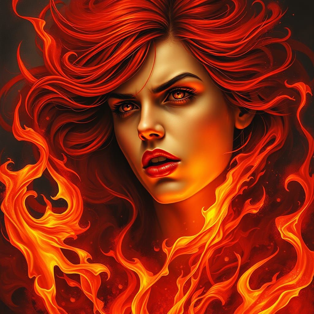 Fiery Red-Haired Woman Lost in Passionate Flames