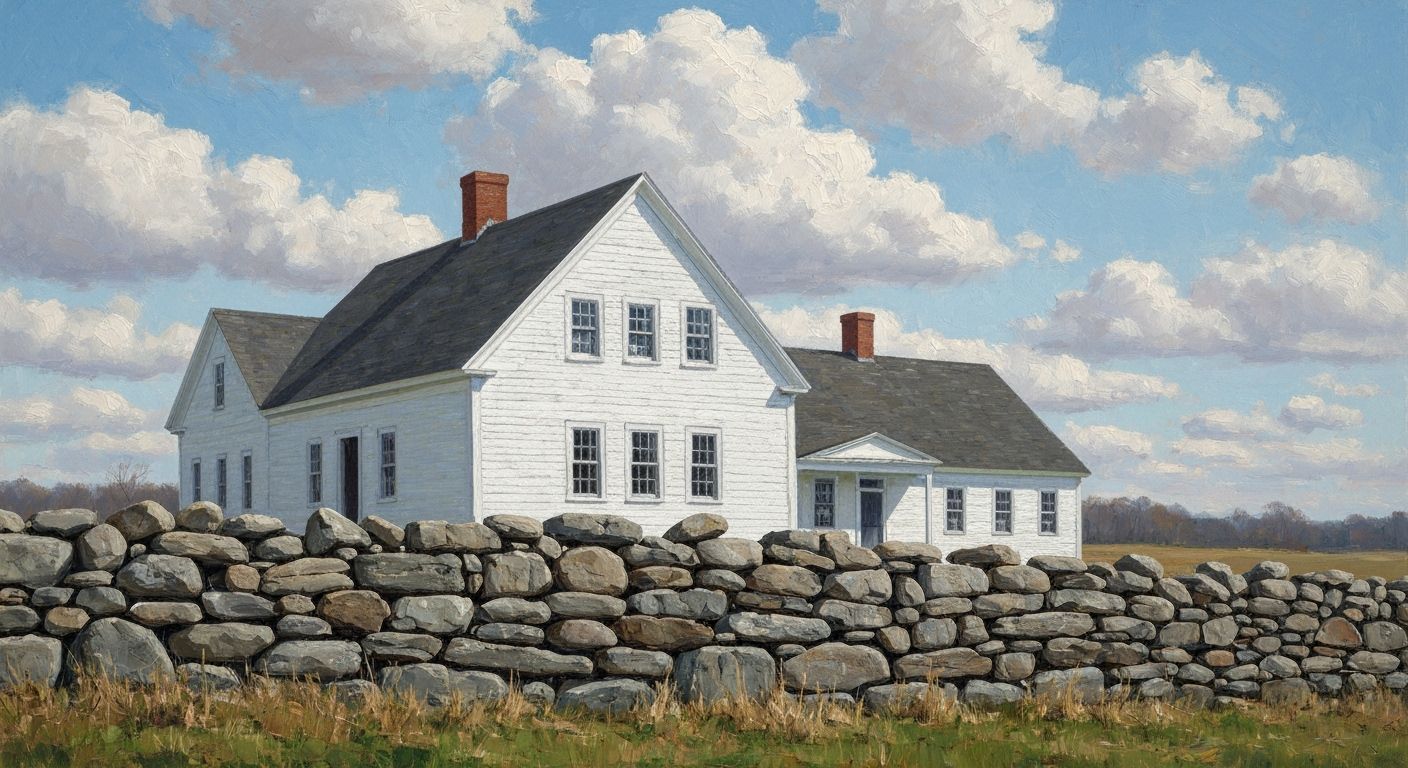 18th Century New England Farmhouse Behind Stone Wall in Spri...