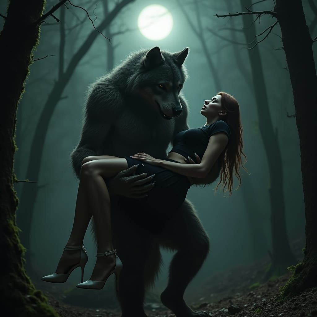 Wolfman in Gothic Romanticism Cradles Beautiful Woman Under ...