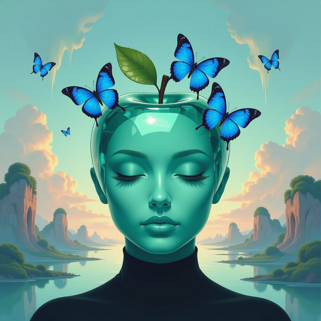 Crystal Apple Headpiece with Blue Butterflies in Surreal Sty...