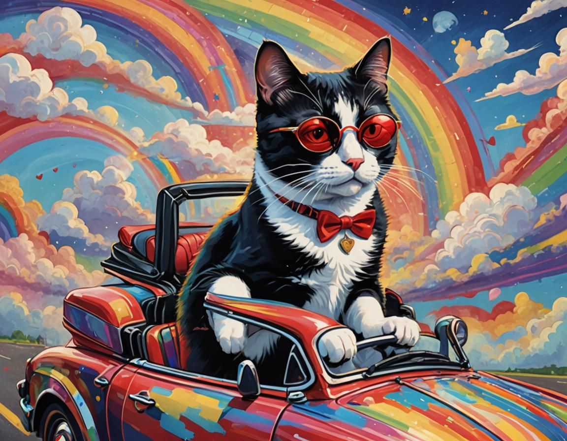 Tuxedo Cat Drives Convertible on Rainbow Road