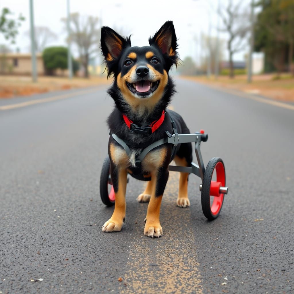 Small Happy Dog in Wheelchair on Quiet Asphalt Road