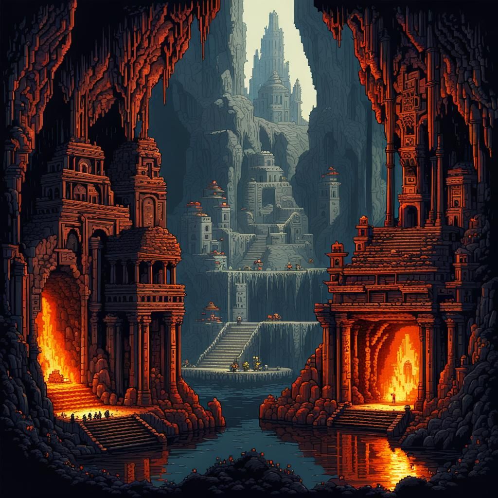 Infernal Cave City in 8-bit Pixel Art