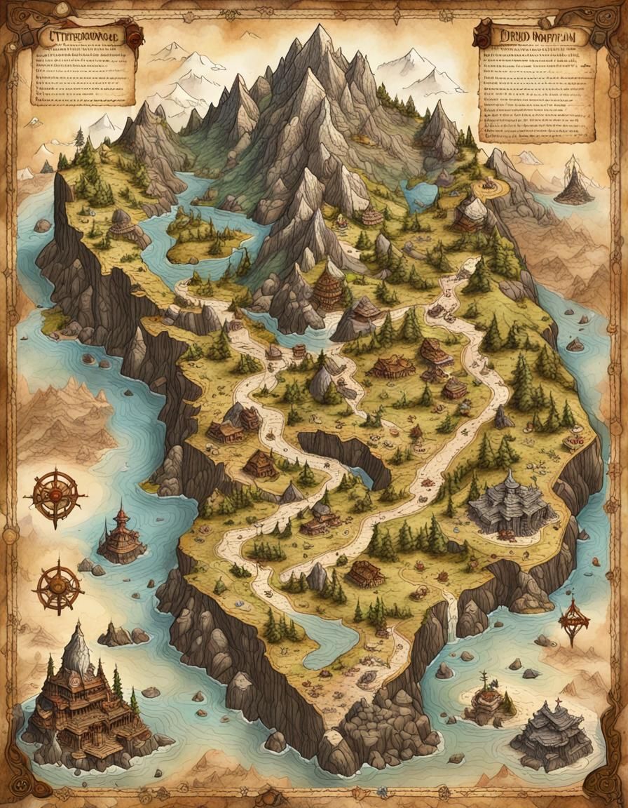 Fantasy World Map with Hidden Treasure Route