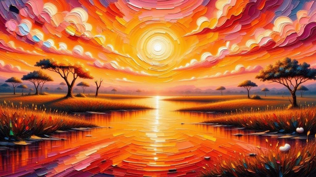 Flamingo Sunset on Savanna: Impasto Palette Knife Painting