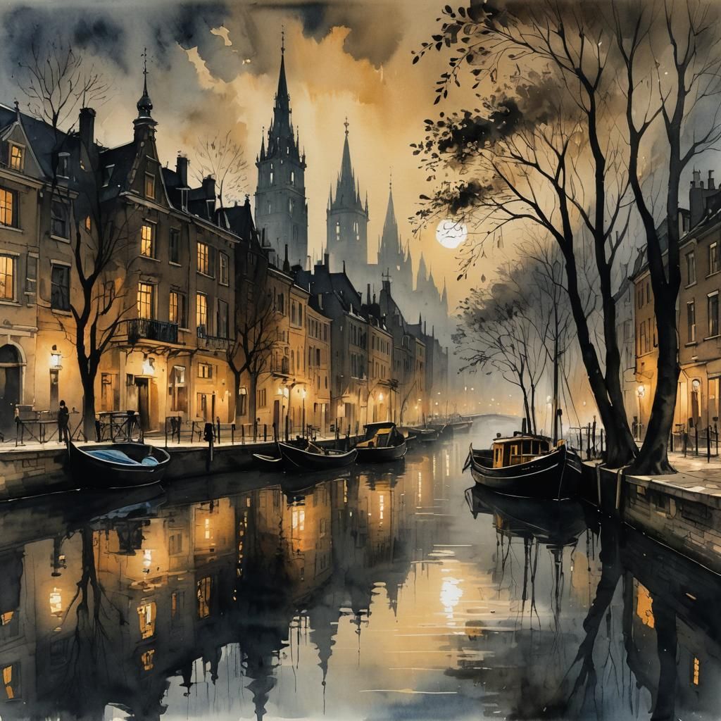 Moonlit Canal: Ink Painting of a River Barge