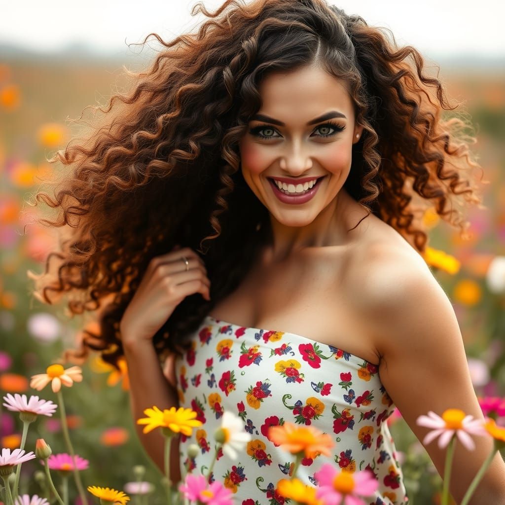 Curvaceous Woman Dancing in Wildflower Field