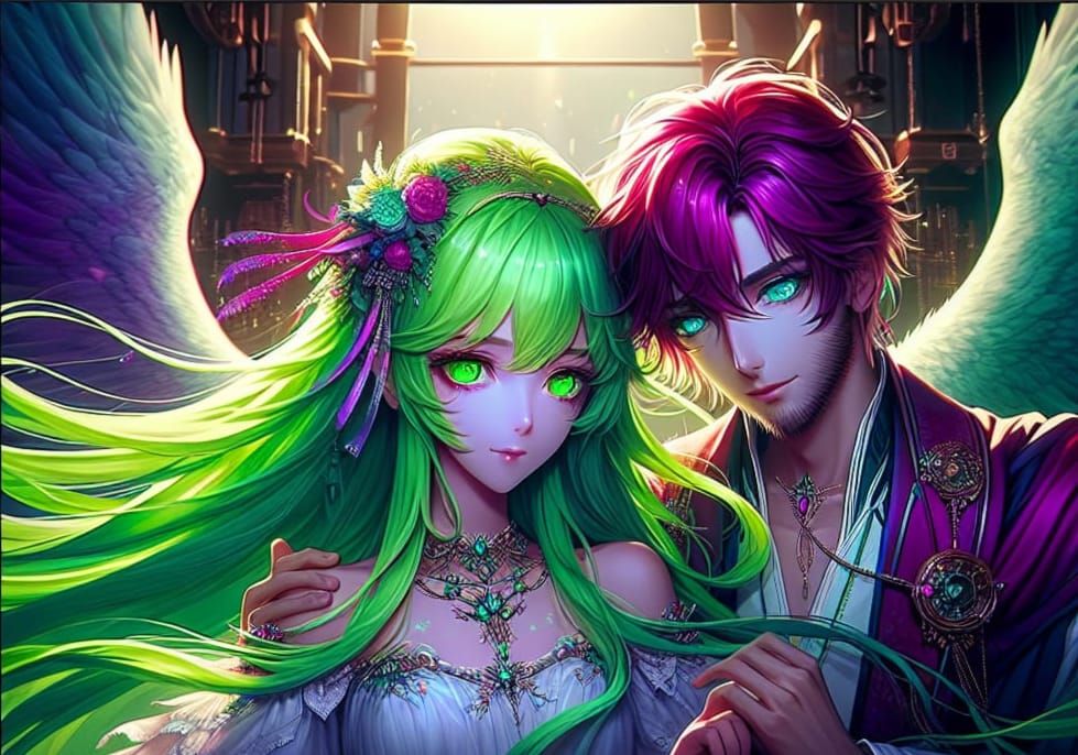 Anime Couple Embrace in Fantasy Matte Painting