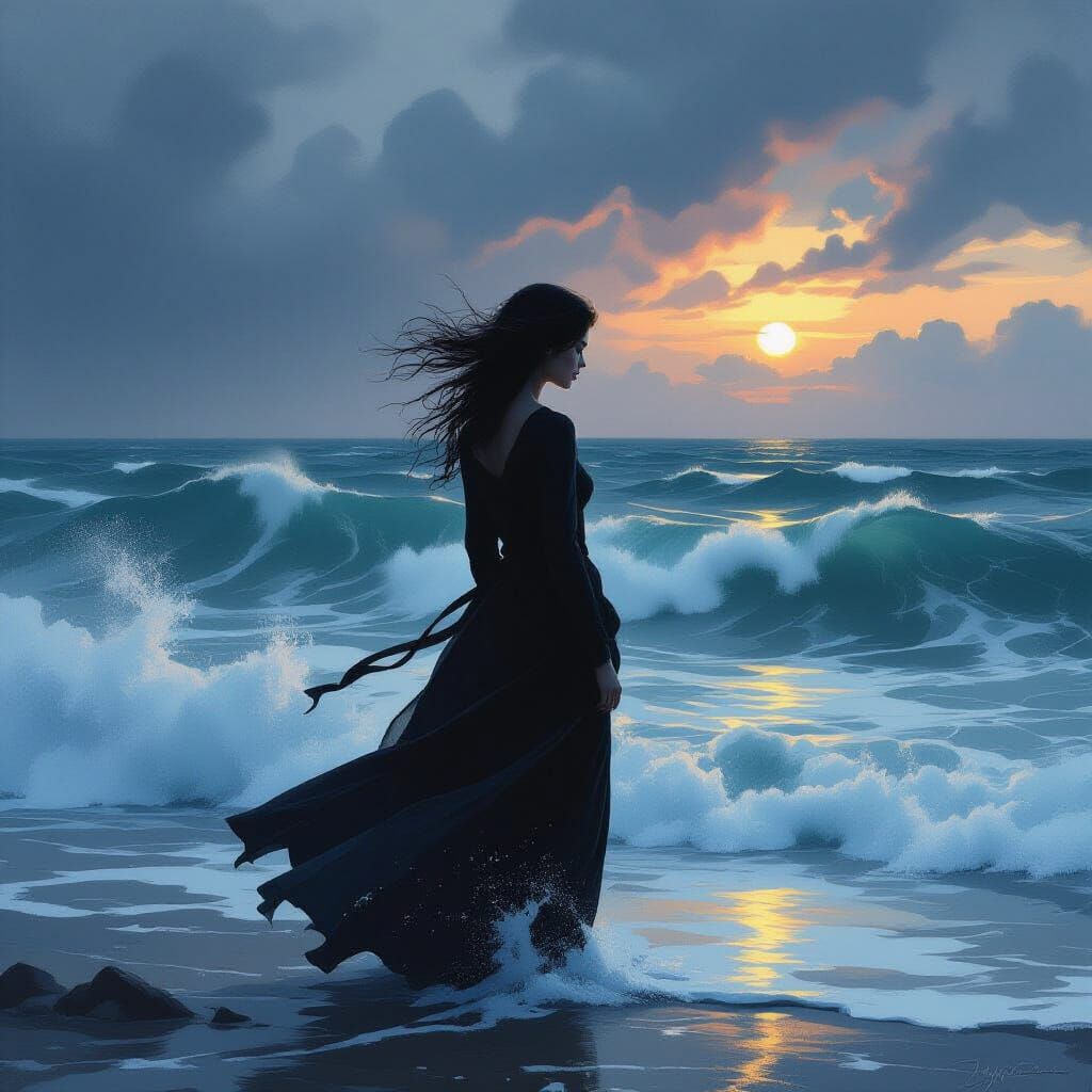 Woman Gazes at Stormy Sea in Melancholy Twilight