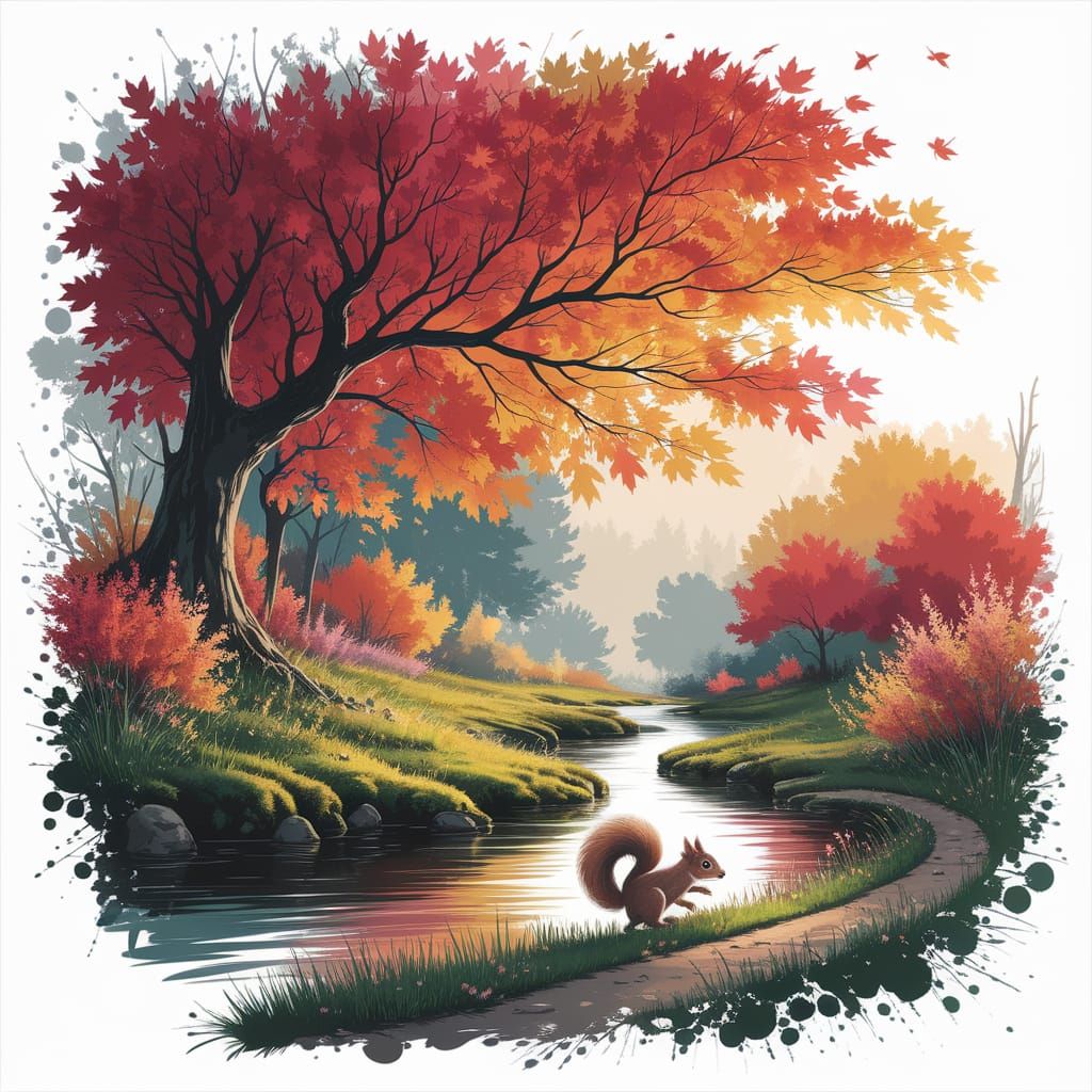 Squirrel Under Fiery Maples: Watercolor Art