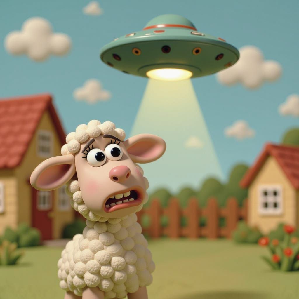 Frightened Lamb and UFO in Claymation Style