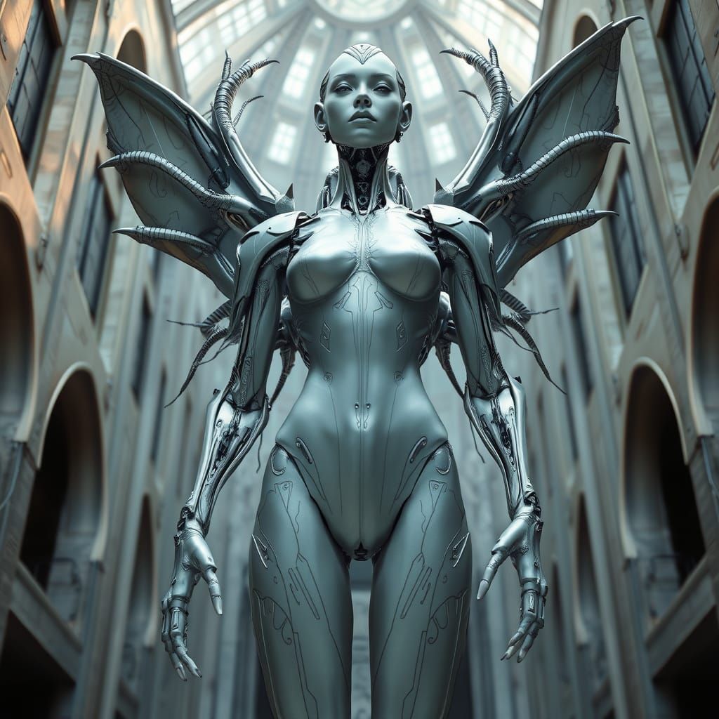 Cybernetic Goddess in Biomechanical Cathedral