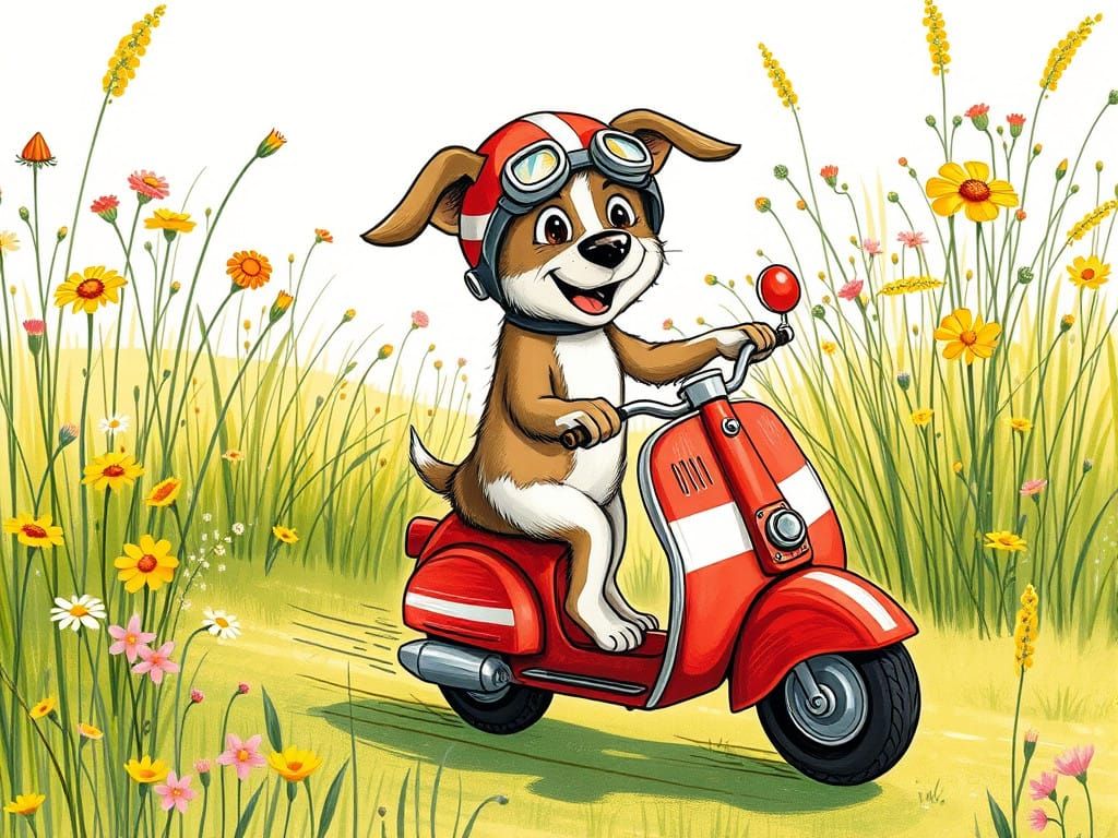 Vibrant Red Scooter Speeds Through Sunny Wildflower Meadow