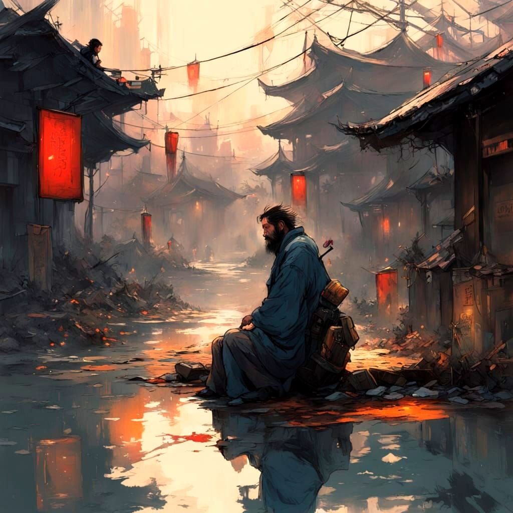 Samurai Contemplates in Golden Rainy Twilight