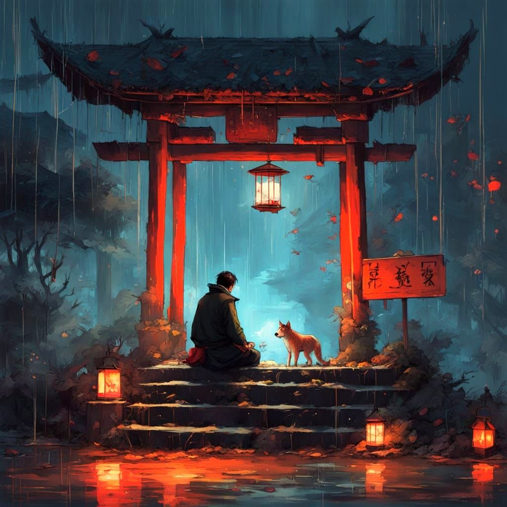 Samurai in Golden Rainy Night
