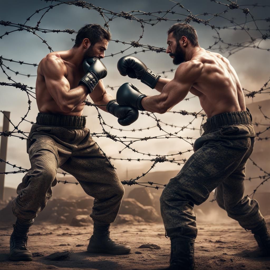 Middle Eastern Soldiers Boxing in Barbed Wire Cage