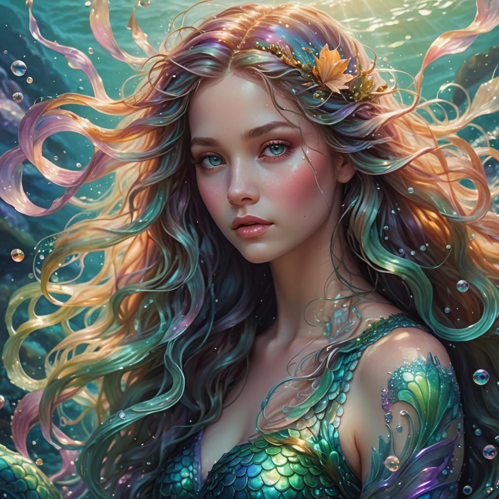Iridescent Mermaid Portrait in Whimsical Fantasy Art