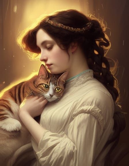 Victorian Woman Cuddling Cat: Art Nouveau Portrait