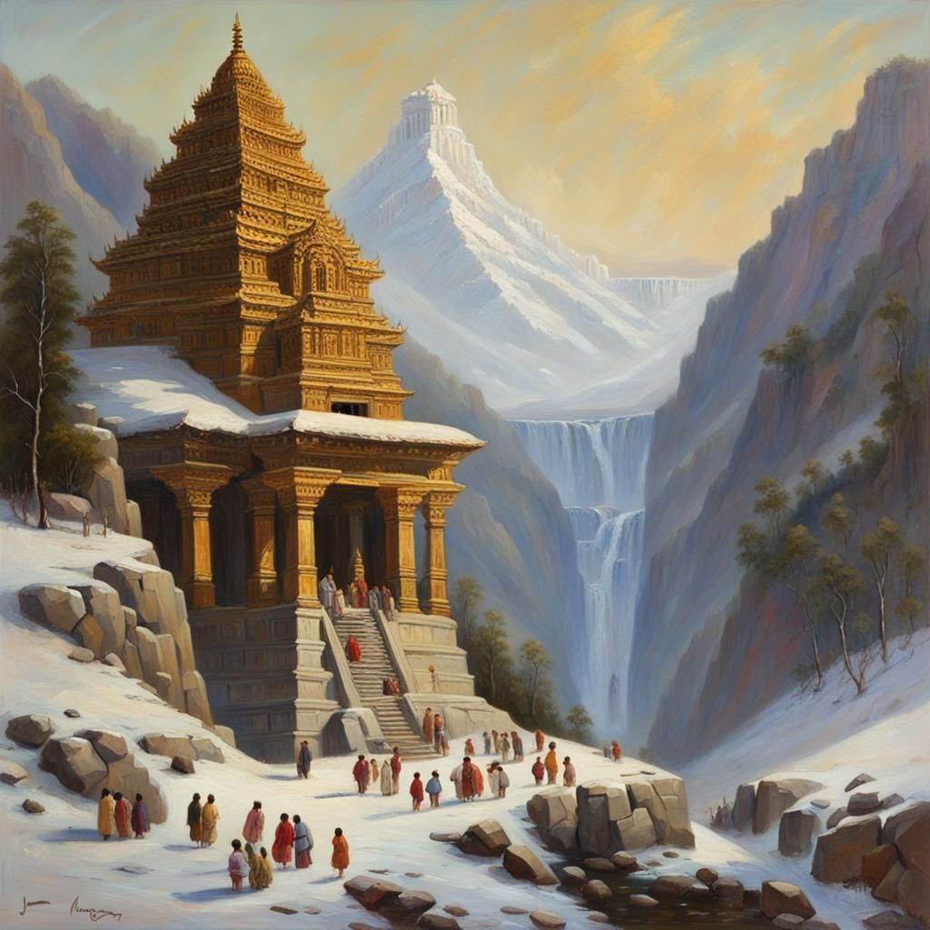 Hindu Temple on Snow Mountain, Oil Painting