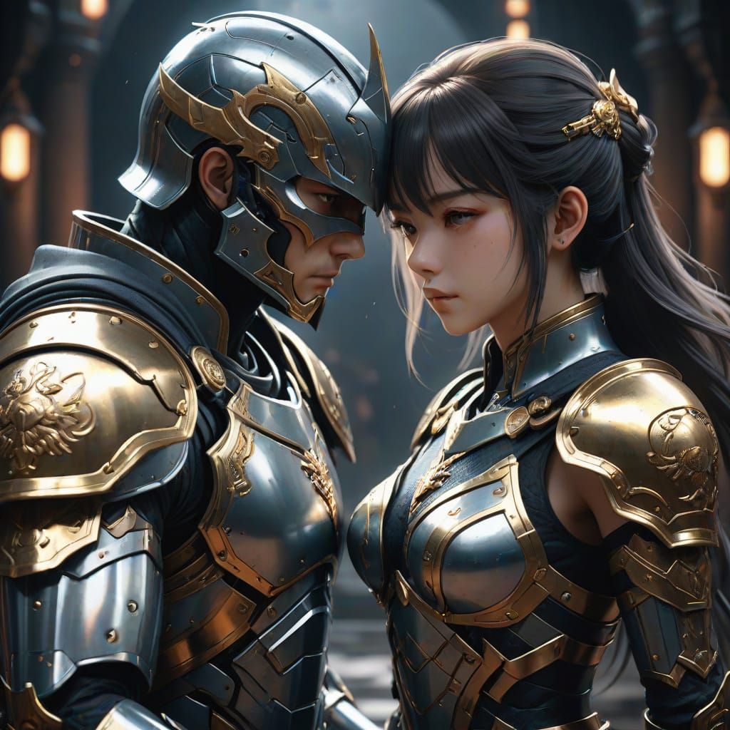 Tall Armored Hero Shields Mysterious Woman in a Dark, Mystic...