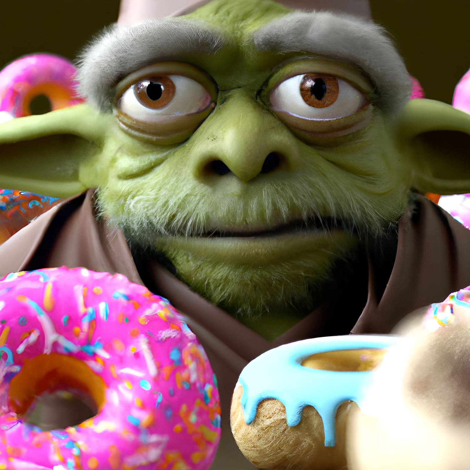 Yoda as Muppet with Donuts, Photorealistic Close-Up