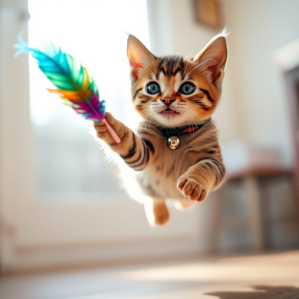 A Playful Tabby Kitten Chasing a Feather Toy in a Bright Ind...
