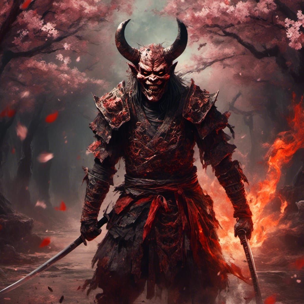 Samurai Demon with Burning Cherry Blossoms