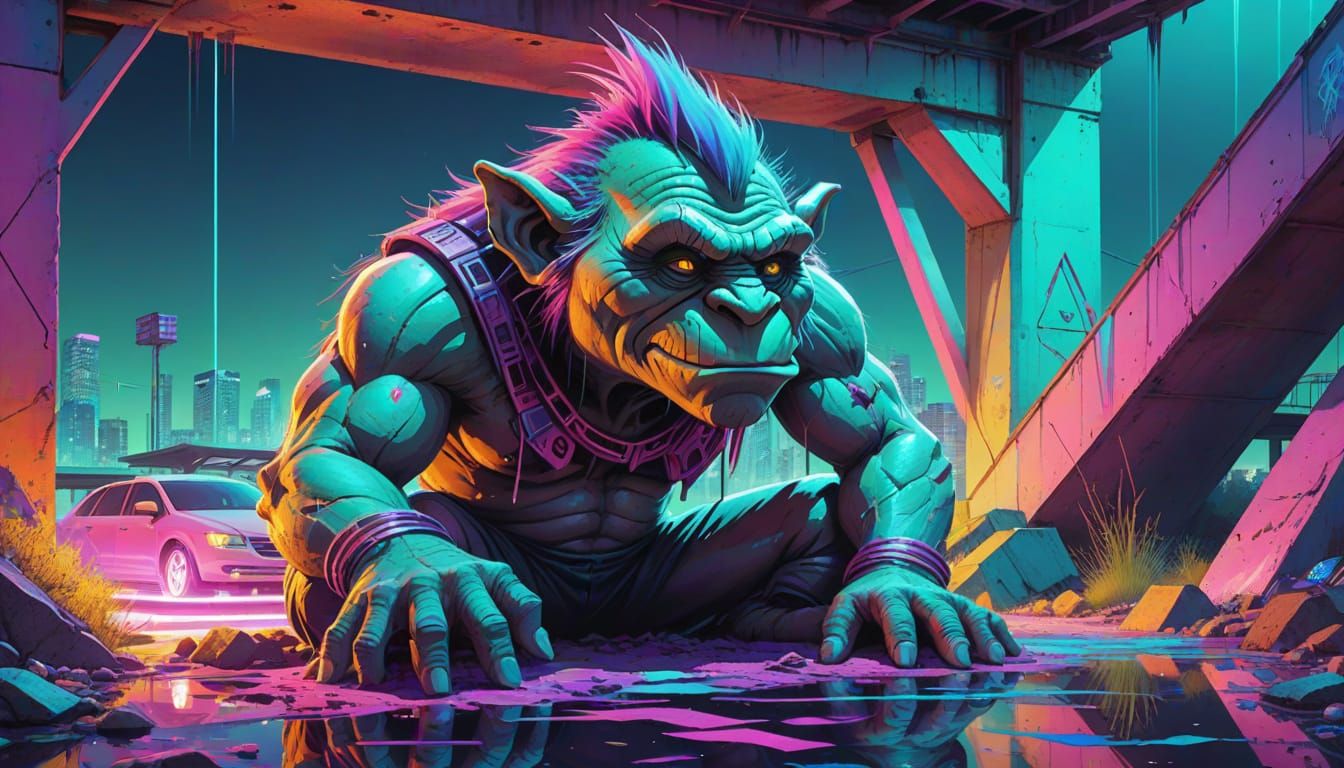 Vaporwave Troll Under Bridge in Neon Cityscape