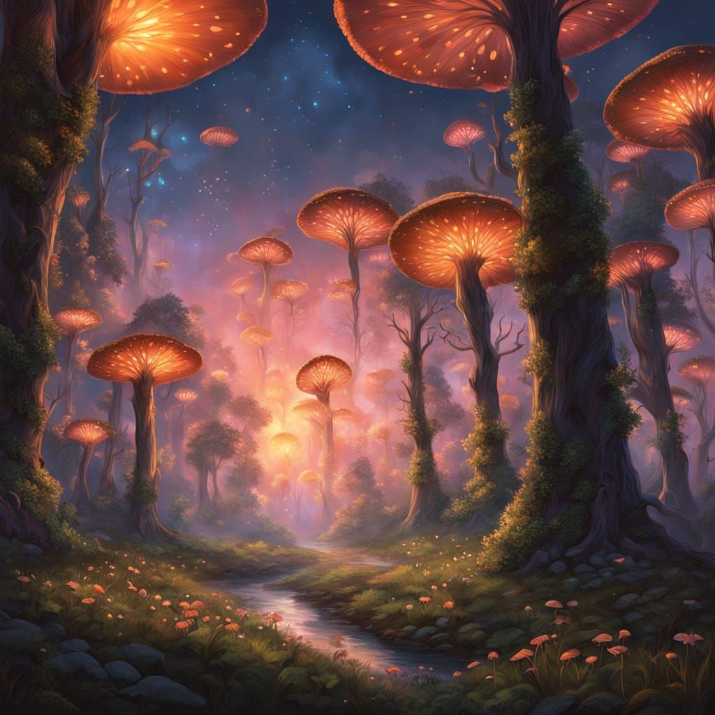 Magical Forest at Twilight with Bioluminescent Flora