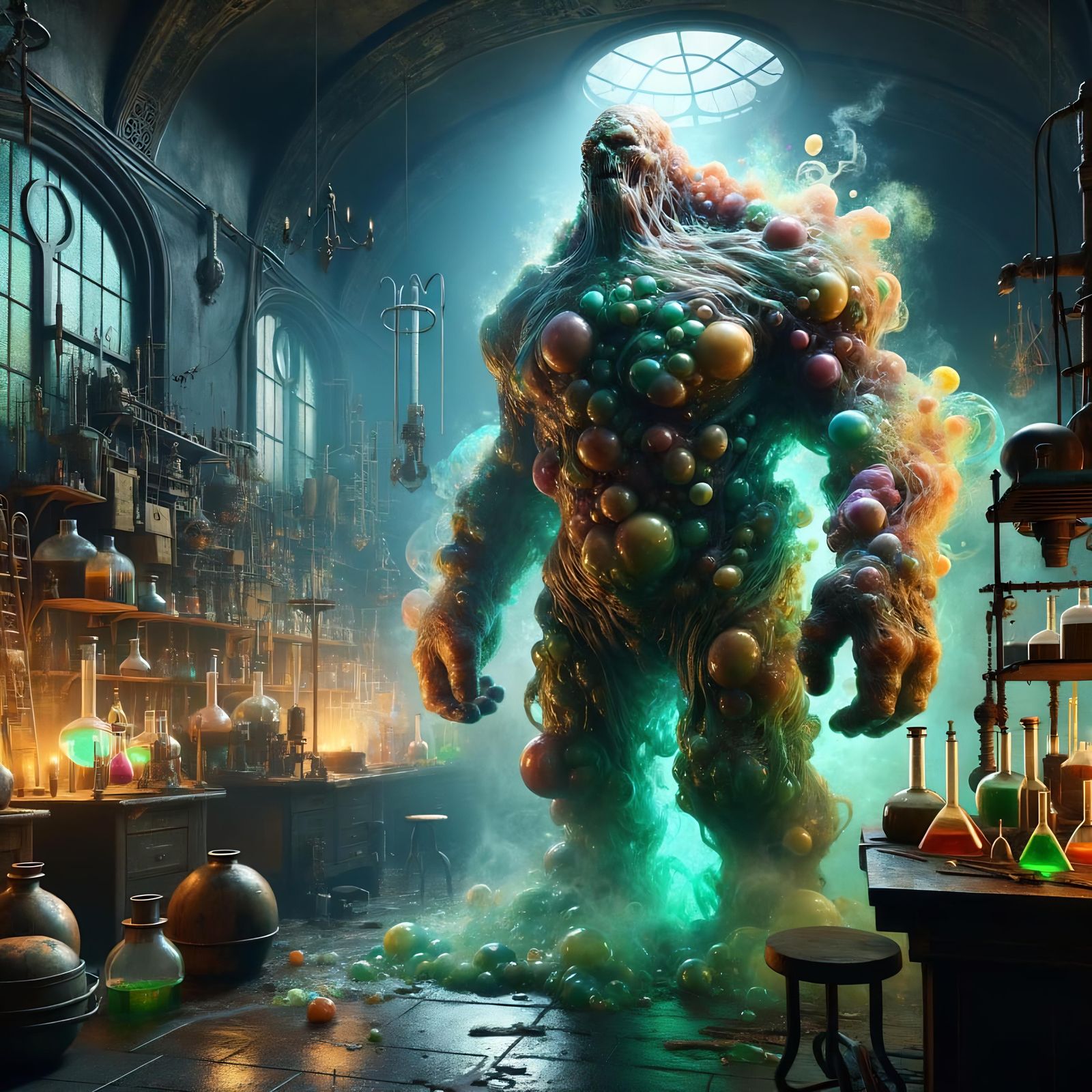 Alchemical Golem Battle in Alchemist's Laboratory