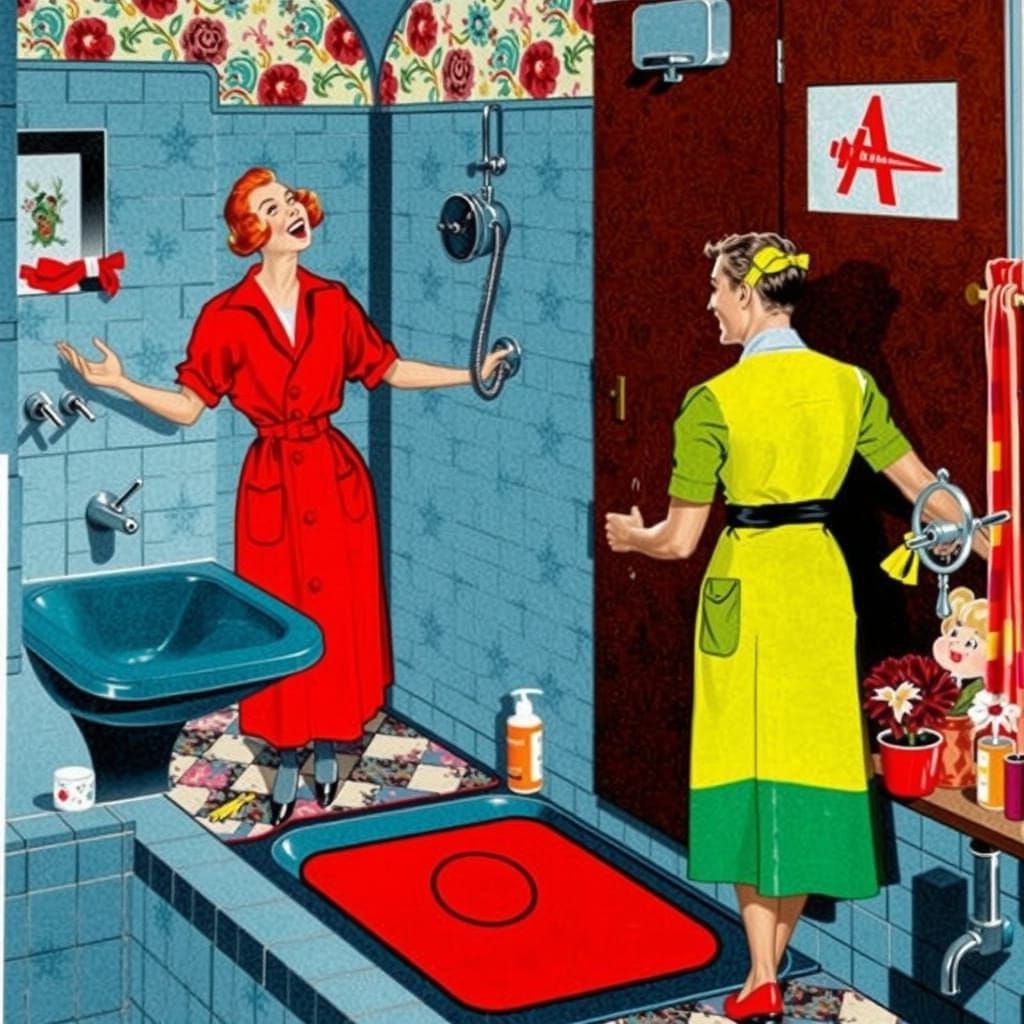 Bizarre and bright, colourful scene in the bathroom.
