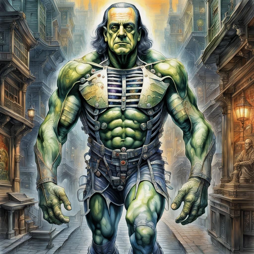 Cyborg Benjamin Franklin Monster in Watercolor Style