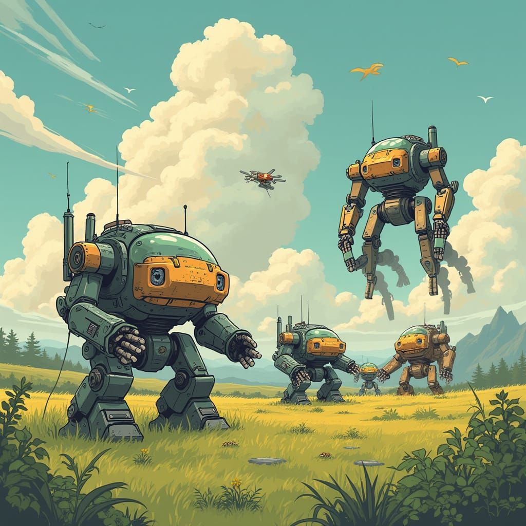 Cartooncore Interstellar Mechs in Elsa Beskow Style