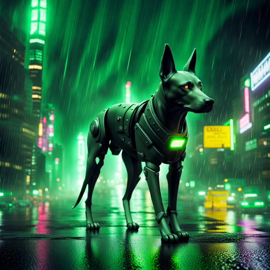 Humanoid Dog in Cyberpunk Cityscape