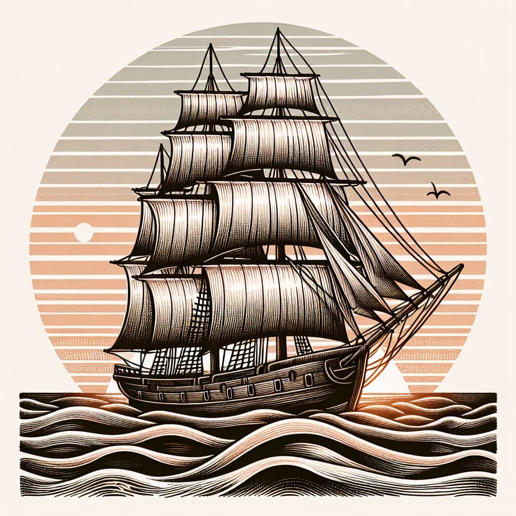 Historic Schooner-Rigged Ship at Sunset