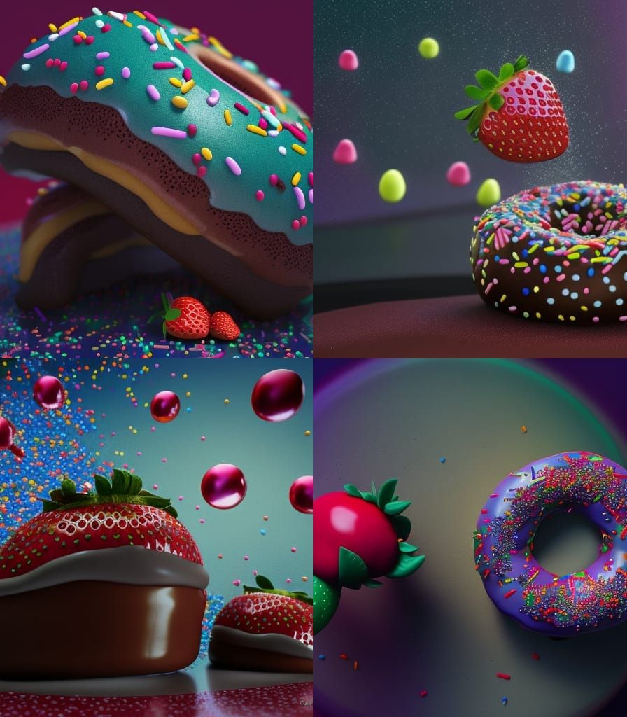 Insanely detailed donut topped with Sprinkles, chocolate and strawberry strawberry, , a magical scene , contrasting v...