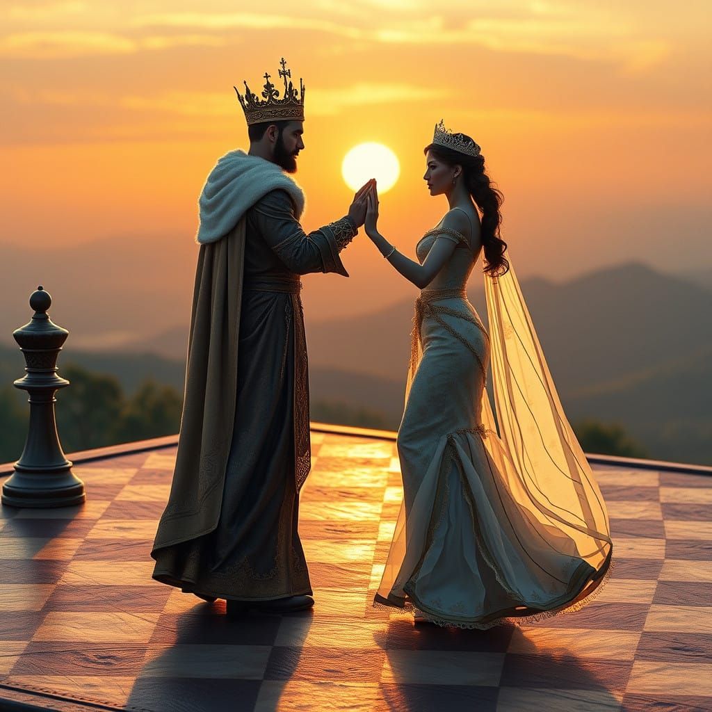 Regal Chess Piece Waltz in Golden Sunset