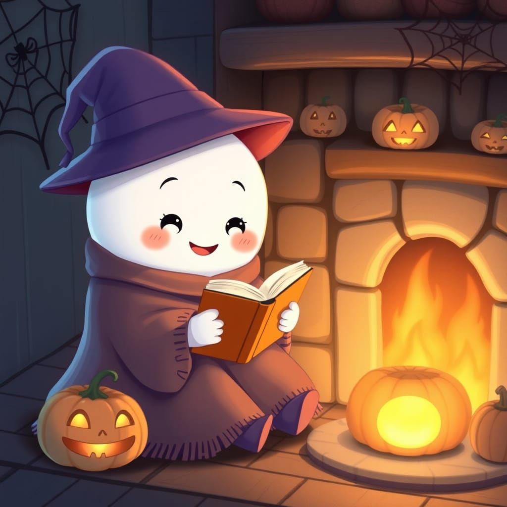 Chibi Ghost's Cozy Halloween by Fireplace