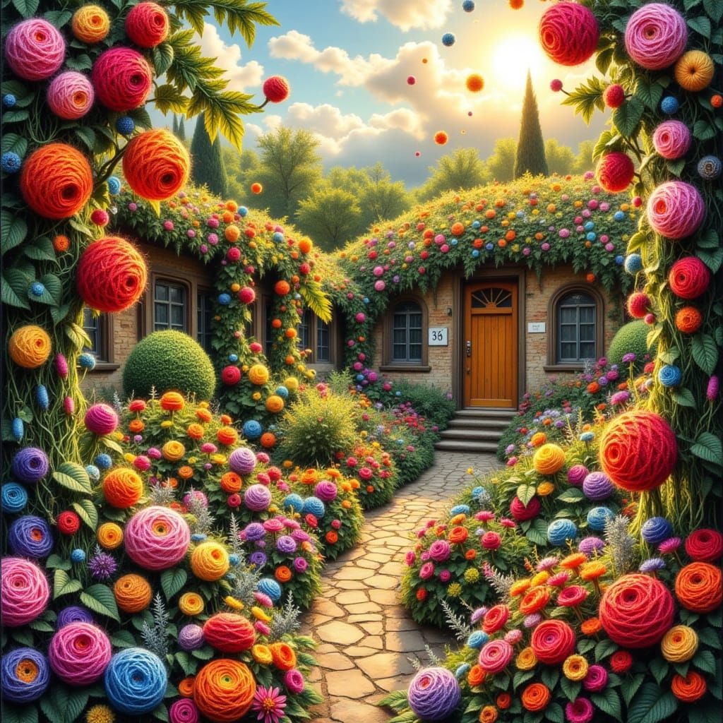 Vibrant Yarn Garden Scene in Folk-Art Style