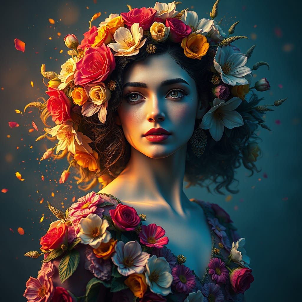 Surreal Woman Wears Floral Dress in Triadic Colors