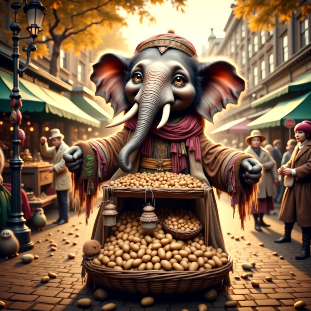 <lora:Bohemian Whimsy:1.5> happy anthropomorphic <lora:LandLreboot:1.0>  elephant selling peanuts from a stand