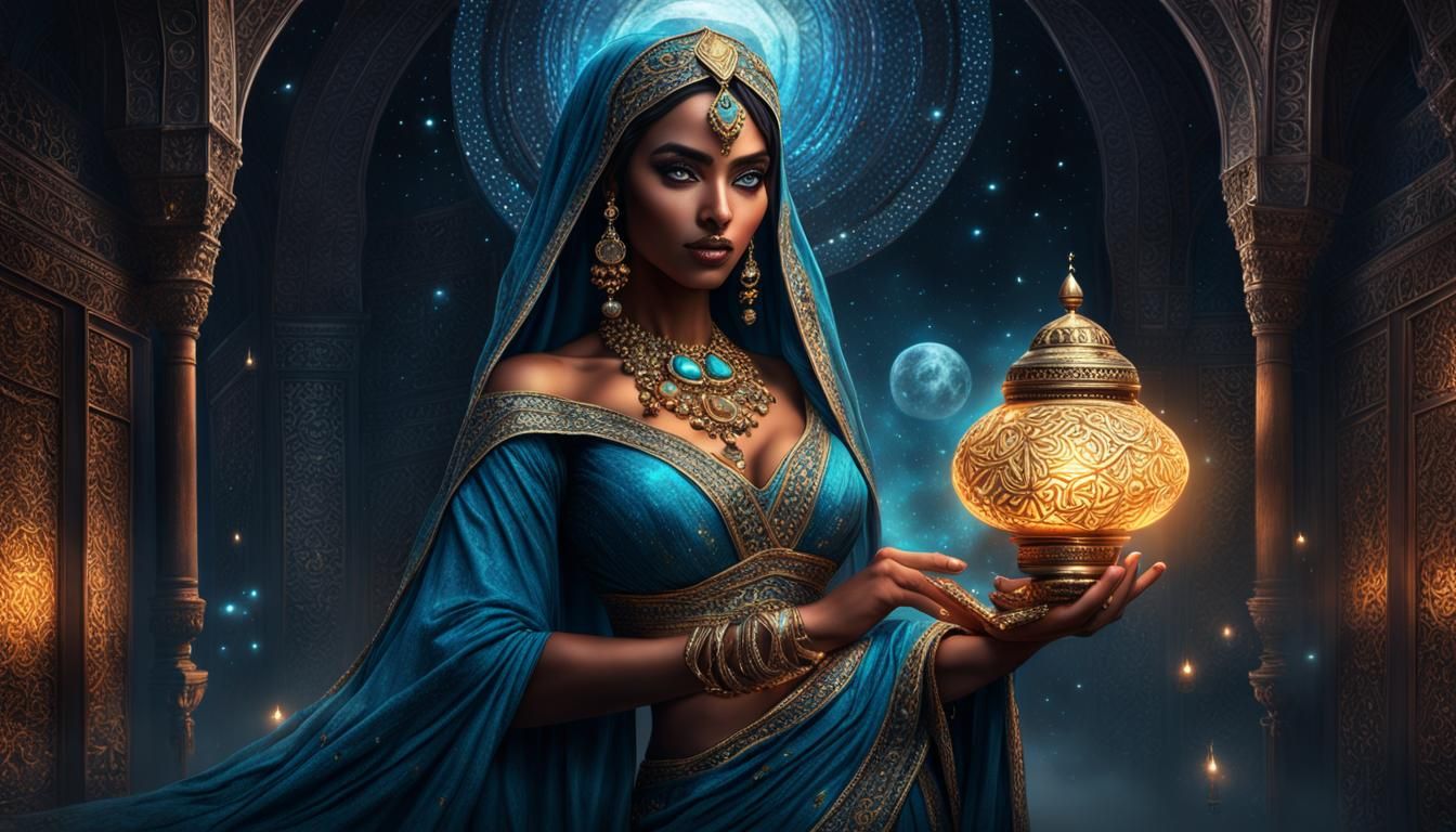 Celestial Genie Queen with Lamp in Fantasy Art Style