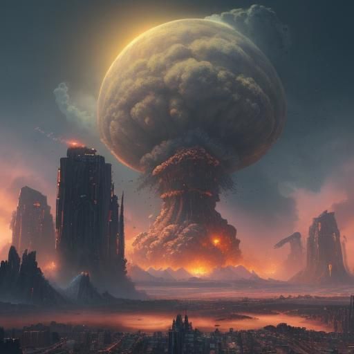 High-Tech Mega Nuke Destroys City: Detailed Digital Art