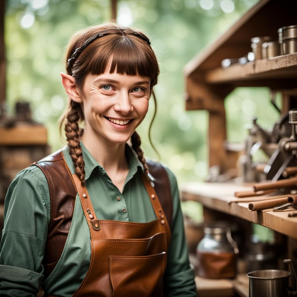 Joyful Elf Leatherworker in Workshop, Professional Photograp...