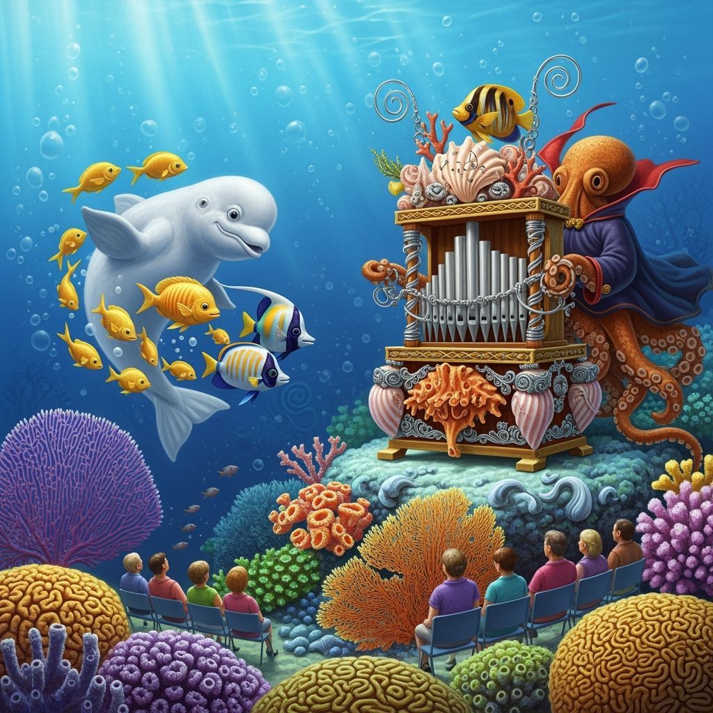 Whimsical Beluga Underwater Scene with Coral Reef Spectators